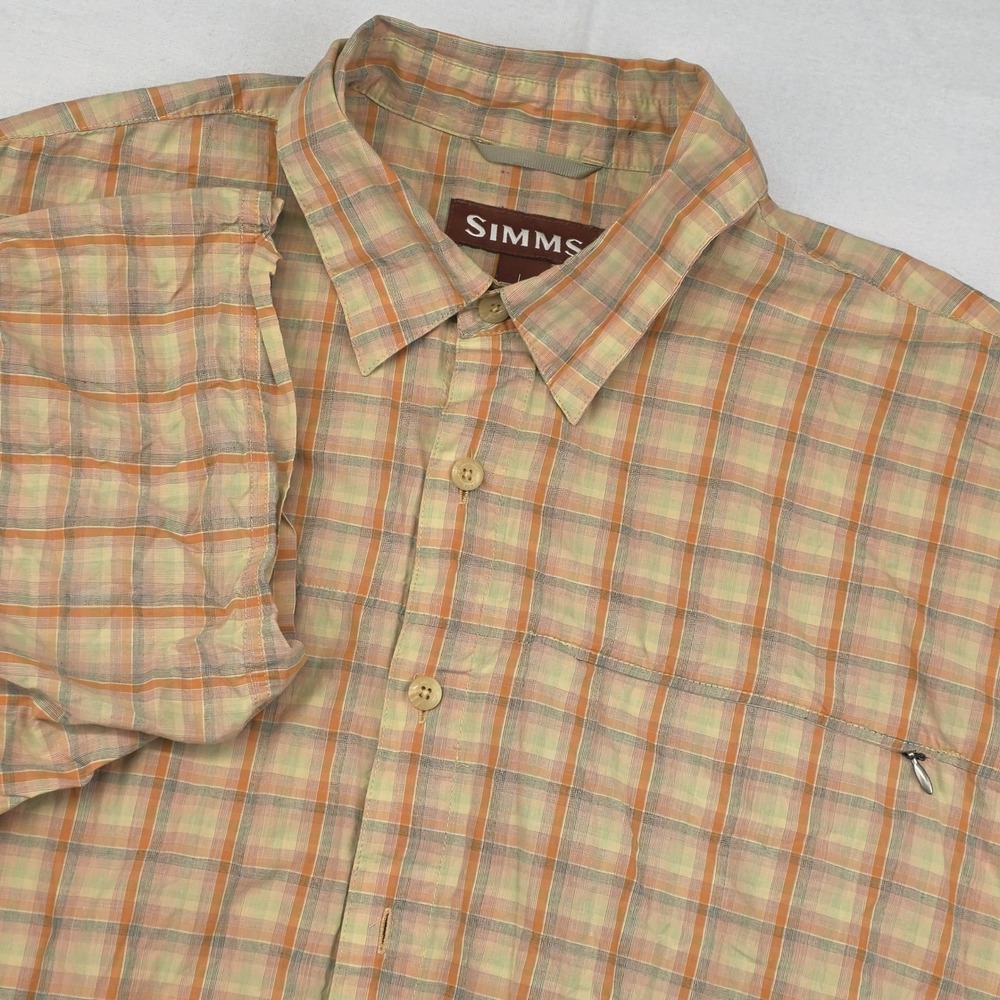 Simms Fishing Shirt Mens Large Orange Plaid Short Sleeve Cotton COR3 Button‎ Up